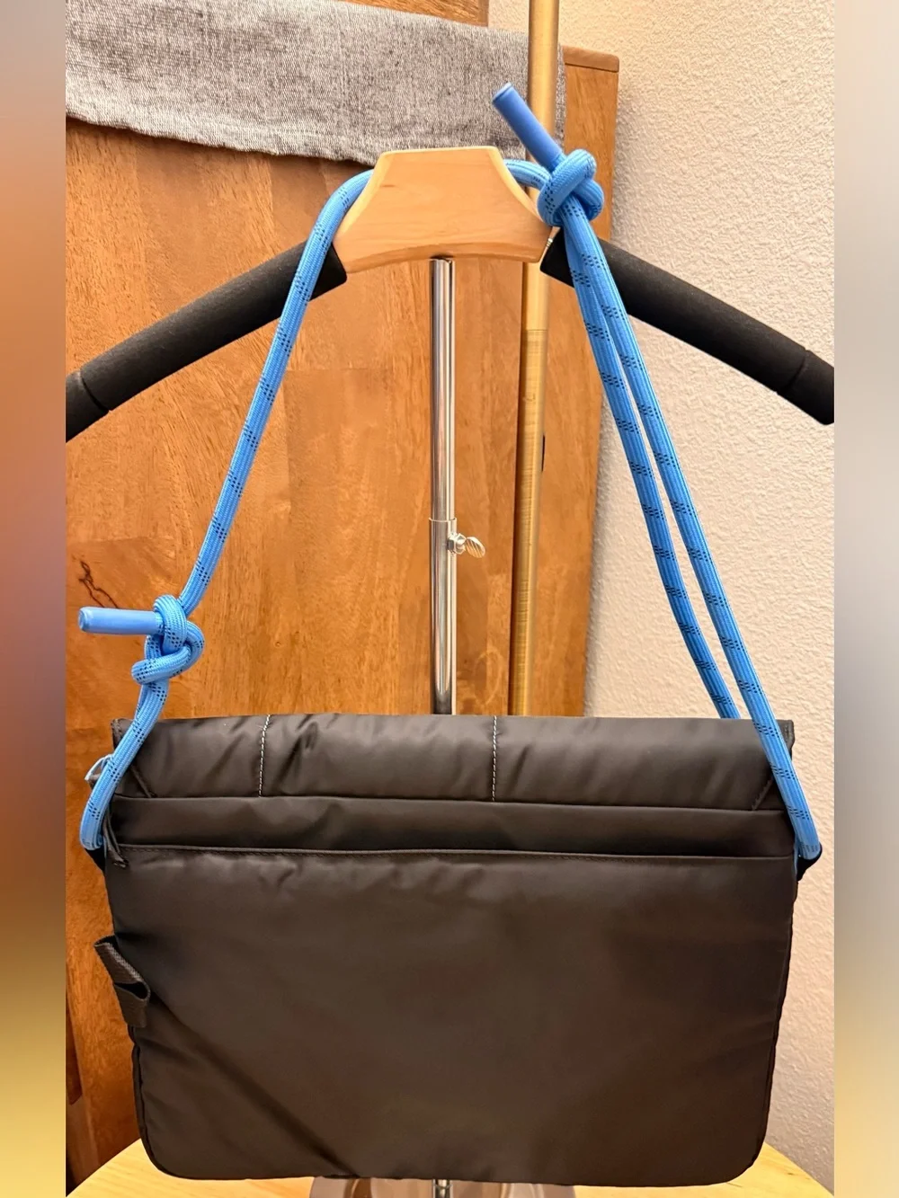 Black Messenger Bag for tablet or laptop with blue rope style shoulder strap